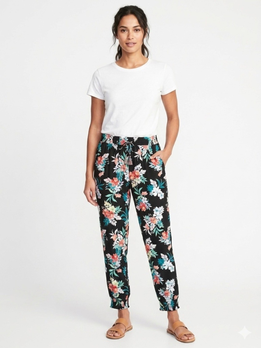 TOMMY BAHAMA Black Floral Casual Pants Elastic / Drawstring Waist Smocked Hem XL